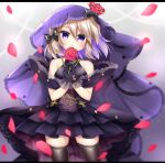 1girl azur_lane bangs bare_shoulders black_bow black_dress black_gloves black_legwear blush bow brown_hair closed_mouth dress eyebrows_visible_through_hair flower gloves hair_between_eyes hair_bow hands_up highres holding holding_flower layered_dress letterboxed looking_at_viewer petals pleated_dress red_flower red_rose rose shikito sleeveless sleeveless_dress solo standing thigh-highs veil violet_eyes z23_(azur_lane) 