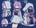  1girl absurdres atsuko_(blue_archive) belt_pouch blue_archive blue_background bow braid from_side hair_bow halo highres hood low_twin_braids mask multiple_views no_mouth pouch purple_hair simple_background solo twin_braids uhouhogorigori violet_eyes yellow_bow 