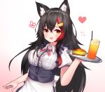  1girl :d animal_ear_fluff animal_ears black_hair breasts carrying cheesecake fang food highlights highres hololive large_breasts long_hair looking_at_viewer mapleknight multicolored_hair ookami_mio open_mouth orange_juice plate puffy_short_sleeves puffy_sleeves redhead short_sleeves smile tray two-tone_hair virtual_youtuber waitress wolf_ears yellow_eyes 
