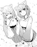  2girls ahoge animal_ear_fluff animal_ears apron breasts cat_ears cat_girl floral_background greyscale hair_ornament hairclip hololive japanese_clothes large_breasts maid_apron medium_breasts miko monochrome multiple_girls nekomata_okayu nijisanji open_mouth ribbon-trimmed_sleeves ribbon_trim shiina_yuika sleeves_past_fingers sleeves_past_wrists smile wa_maid wavy_mouth yukinojou_yakan 