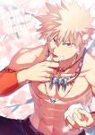  1boy abs absurdres arm_warmers artist_name bakugou_katsuki belt birthday blonde_hair boku_no_hero_academia cherry_blossoms collarbone commentary_request dated earrings eyebrows_behind_hair finger_licking fingernails flower food food_on_face glint happy_birthday highres holding holding_food jewelry licking looking_at_viewer male_focus navel necklace nipples official_alternate_costume pants pectorals petals pink_flower red_eyes sanpaku shirtless short_hair solo spiky_hair symbol_commentary tongue yazakc 