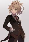  1girl absurdres blonde_hair fate/apocrypha fate/grand_order fate_(series) gloves green_eyes hair_intakes hand_on_hip highres long_hair looking_at_viewer mordred_(fate) mordred_(fate)_(all) necktie ponytail same_(sendai623) scrunchie smirk solo standing tuxedo white_gloves wind 