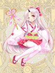  1girl ;d bangs blush bow dairoku_youhei frilled_bow frills full_body grey_hair hair_bow heart holding horns japanese_clothes kimono long_hair long_sleeves looking_at_viewer obi official_art one_eye_closed open_mouth parted_bangs petals pink_kimono pink_legwear pleated_skirt red_bow red_eyes red_footwear red_skirt sash shide shikito single_horn skirt sleeves_past_wrists smile solo thigh-highs very_long_hair wide_sleeves zouri 