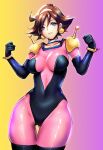  1girl armor ass_visible_through_thighs blue_eyes bodysuit breasts breasts_apart brown_hair choker clenched_hands closed_mouth collar collarbone contrapposto covered_navel cowboy_shot earrings g_gundam gold gradient gradient_background gundam hair_between_eyes hairband hands_up impossible_bodysuit impossible_clothes jewelry large_breasts linea_alba lips metal_collar mobile_trace_suit mu-ihara pauldrons pink_bodysuit rain_mikamura shiny shiny_clothes short_hair shoulder_armor skin_tight skindentation smile solo thigh_gap wide_hips wristband 