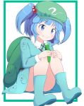  1girl backpack bag blue_eyes blue_footwear blue_hair blue_shirt blue_skirt boots border commentary convenient_leg cucumber eyebrows_visible_through_hair flat_cap food food_on_face green_border green_headwear hair_bobbles hair_ornament hat highres holding holding_food kawashiro_nitori knees_to_chest knees_together_feet_apart light_blush long_sleeves looking_down looking_to_the_side outside_border rubber_boots shirt short_hair simple_background sitting skirt smile solo touhou two_side_up ukigori white_background 