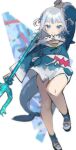  1girl bangs blue_eyes blue_hoodie blush collarbone fish_tail gawr_gura holding holding_weapon hololive hololive_english hood hoodie looking_down polearm rnai shark_tail silver_hair smile solo tail trident two_side_up virtual_youtuber weapon 