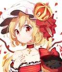  1girl alternate_costume ametama_(runarunaruta5656) bangs blonde_hair blush bow breasts choker collarbone cross cross_necklace crown crystal dress eyebrows_visible_through_hair flandre_scarlet frilled_dress frilled_sleeves frills hair_between_eyes hat highres jewelry looking_at_viewer medium_hair mob_cap nail_polish necklace off-shoulder_dress off_shoulder one_side_up petals puffy_sleeves red_bow red_choker red_dress red_eyes red_nails ribbon smile solo symbol_commentary touhou upper_body white_background white_headwear wings 