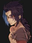  1boy armor black_background black_hair blue_hair closed_mouth collarbone eyebrows_visible_through_hair eyes_visible_through_hair kayn_(league_of_legends) league_of_legends long_hair looking_at_viewer male_focus multicolored multicolored_hair pauldrons red_eyes scar scar_on_face shoulder_armor simple_background single_pauldron solo tarou_(natyou) upper_body 