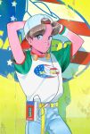  1boy arms_up blue_pants brown_hair cowboy_shot denjinq hat headphones headphones_around_neck highres original pants print_shirt shadow shirt shirt_tucked_in short_hair short_sleeves solo white_headwear yellow_belt 