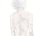  1boy back from_behind highres hunter_x_hunter killua_zoldyck male_focus scar scar_on_back shirtless silver_hair simple_background solo spiky_hair toripippi_7 upper_body white_background 