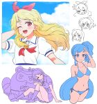  +_+ 3girls :d :o ;) ;d ^^^ ^_^ ^o^ aikatsu! aikatsu!_(series) bikini blonde_hair blouse blue_bikini blue_eyes blue_hair blue_sky blue_theme blush bow chibi chibi_inset closed_eyes closed_mouth clouds cloudy_sky collared_shirt cropped_legs day dress ebipon eyebrows_visible_through_hair frilled_legwear from_side groin hair_bow hairband half-closed_eyes halterneck head_tilt highres holding holding_innertube hoshimiya_ichigo idol innertube kiriya_aoi limited_palette lineart loafers long_hair looking_at_viewer looking_to_the_side mascot midriff multiple_girls multiple_views muted_color navel neckerchief one_eye_closed open_mouth pleated_skirt puffy_short_sleeves puffy_sleeves purple_hair purple_theme red_eyes red_hairband red_neckwear salute school_uniform shibuki_ran shiny shiny_hair shiny_skin shirt shoes short_sleeves side_ponytail sidelocks sitting sketch skirt sky smile socks soleil_(aikatsu!) sparkle sparkling_eyes star_(symbol) starlight_academy_uniform stuffed_animal stuffed_toy summer_uniform surprised swimsuit tanuki upper_body violet_eyes white_background white_blouse yoban 