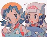  2girls :d bangs beanie blush clenched_hand closed_mouth commentary_request hikari_(pokemon) eye_contact eyelashes flying_sweatdrops gen_2_pokemon gen_4_pokemon gible grey_eyes hand_up hat hinann_bot jacket kris_(pokemon) long_sleeves looking_at_another multiple_girls open_mouth parted_bangs pokemon pokemon_(creature) pokemon_(game) pokemon_dppt pokemon_gsc scarf shiny shiny_hair smile totodile twintails white_background white_headwear white_jacket 