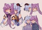  &gt;_&lt; 2girls bare_shoulders bell black_shirt blue_hair blue_sleeves commentary cowbell detached_sleeves english_commentary ganyu_(genshin_impact) genshin_impact highres homuchisas horns keqing_(genshin_impact) long_hair long_sleeves medium_hair multiple_girls one_eye_closed purple_hair purple_sweater red_horns shirt simple_background sweater tongue tongue_out twintails violet_eyes yuri zzz 