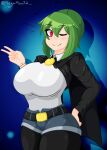  1girl antennae belt black_cape blinking blue_background breasts cape collared_shirt fang green_hair highres large_breasts leggings megamoo older red_eyes shirt short_hair short_shorts shorts thick_thighs thighs touhou white_shirt wriggle_nightbug 