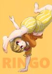  1girl animal_ears balancing barefoot blonde_hair breasts character_name commentary covered_nipples eyebrows_visible_through_hair floppy_ears full_body handstand highres impossible_hair itatatata medium_breasts midriff navel orange_background orange_shirt plump rabbit_ears red_eyes ringo_(touhou) shirt short_hair short_sleeves shorts simple_background soles solo striped striped_shorts toes touhou yellow_shorts 