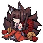  +_+ 1girl amagi-chan_(azur_lane) animal_ears azur_lane bangs bell black_legwear brown_hair chibi commentary_request drooling eyebrows_visible_through_hair fox_ears fox_girl fox_tail japanese_clothes kyuubi long_hair looking_at_viewer multiple_tails off-shoulder_kimono off_shoulder open_mouth seiza sidelocks simple_background sitting sleeves_past_wrists solo sugoidere symbol-shaped_pupils tail thick_eyebrows twintails violet_eyes wide_sleeves 