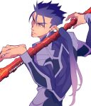  1boy angry armor artist_name back blue_bodysuit blue_hair bodysuit cu_chulainn_(fate)_(all) cu_chulainn_(fate/stay_night) earrings english_commentary fate/stay_night fate_(series) from_behind gae_bolg_(fate) holding holding_polearm holding_weapon jewelry long_hair long_sleeves looking_at_viewer looking_back male_focus muscular muscular_male omoshiroi open_mouth pauldrons polearm polearm_behind_back ponytail red_eyes shoulder_armor simple_background skin_tight solo spiky_hair weapon white_background 
