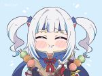  ^_^ bangs blue_hair blunt_bangs blush_stickers cape closed_eyes commentary dango eating english_commentary eyebrows_visible_through_hair food gawr_gura hair_ornament headband holding holding_food hololive hololive_english kamura_(armor) kukie-nyan long_hair monster_hunter_(series) monster_hunter_rise multicolored_hair saliva shark_hair_ornament silver_hair streaked_hair twitter_username two_side_up upper_body virtual_youtuber wagashi 
