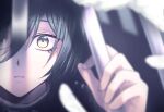  1boy bangs bars black_hair black_jacket blurry blurry_foreground brown_eyes close-up commentary_request dangan_ronpa_(series) dangan_ronpa_v3:_killing_harmony depth_of_field hand_up jacket looking_at_viewer male_focus parted_lips porary saihara_shuuichi short_hair solo striped_jacket 