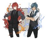  2boys alternate_costume bangs black_neckwear black_pants black_vest blue_eyes blue_hair closed_eyes crossed_arms dark_skin dark_skinned_male diluc_(genshin_impact) eyepatch fire genshin_impact gloves grey_shirt hair_between_eyes hands_on_hips highres ice jennygin2 jewelry kaeya_(genshin_impact) long_hair male_focus multicolored_hair multiple_boys necktie pants red_eyes redhead shirt simple_background single_earring streaked_hair two-tone_background vest white_shirt 