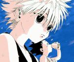  2boys bangs blue_sky can closed_mouth drinking gon_freecss greyscale hair_between_eyes highres holding holding_can hunter_x_hunter killua_zoldyck male_focus monochrome multiple_boys outdoors sky spiky_hair sweat tank_top toripippi_7 upper_body 