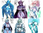  6+girls animal_ears ass blue_hair breasts character_request closed_mouth colored_skin highres horns large_breasts long_hair looking_at_viewer monster_girl multiple_girls navel open_mouth pointy_ears smile tail tukiwani under_boob 