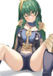  1girl absurdres alternate_color armlet banana_peel bangs breasts byleth_(fire_emblem) byleth_eisner_(female) closed_mouth eyebrows_visible_through_hair fire_emblem fire_emblem:_three_houses green_eyes green_hair grey_shorts hair_between_eyes highres long_hair looking_at_viewer m_legs medium_breasts midriff navel one_eye_closed shiny shiny_hair short_shorts shorts simple_background sitting solo spread_legs stomach sweatdrop wanimaru white_background 