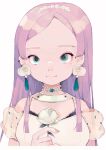  1girl aqua_eyes earrings flower flower_earrings holding holding_flower jewelry leaf long_hair mole mole_under_eye necklace original pepparmint310 purple_hair simple_background solo upper_body white_background white_flower 