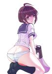  1girl ahoge ass bangs black_legwear breasts brown_hair butt_crack commentary_request dangan_ronpa_(series) dangan_ronpa_another_episode:_ultra_despair_girls from_side holding holding_megaphone kneehighs looking_at_viewer looking_back medium_breasts megaphone naegi_komaru no_pants panties rurukichi school_uniform shirt short_hair short_sleeves simple_background solo striped striped_panties underwear white_background 