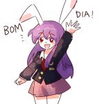  animal_ears bangs blouse buttons collared_blouse crescent crescent_pin light_purple_hair long_hair long_sleeves medium_skirt moon_rabbit necktie ngtk_k pink_skirt pleated_skirt portuguese_text purple_hair rabbit_ears red_eyes red_neckwear reisen_udongein_inaba skirt touhou translated waving white_blouse 