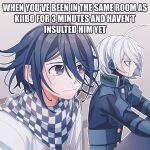  2boys ahoge android bangs checkered checkered_scarf cheer_(cheerkitty14) dangan_ronpa_(series) dangan_ronpa_v3:_killing_harmony english_commentary english_text expressionless from_side grey_background hair_between_eyes highres jacket keebo long_hair long_sleeves male_focus meme multiple_boys ouma_kokichi outline purple_hair scarf short_hair straitjacket sweatdrop trying_to_hold_a_fart_(meme) upper_body veins violet_eyes white_jacket white_outline 