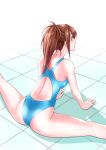 1girl absurdres ass blue_swimsuit brown_hair commentary_request competition_swimsuit feet_out_of_frame from_behind highres long_hair looking_at_viewer macosee one-piece_swimsuit original ponytail red_eyes sitting solo stretch swimsuit tile_floor tiles 