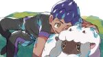  1boy black_pants black_shirt blush commentary_request dark_skin dark_skinned_male gen_8_pokemon hop_(pokemon) hug male_focus one_eye_closed pants pokemon pokemon_(creature) pokemon_(game) pokemon_swsh purple_hair sheep shirt short_hair sitting sketch smile socks suruga_dbh wooloo yellow_eyes 