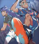  2boys arm_up black_hair blue_eyes blue_shirt blue_shorts champion_uniform clenched_teeth collared_shirt commentary_request dark_skin dark_skinned_male earrings facial_hair jewelry knees leg_up leon_(pokemon) long_hair looking_at_viewer male_focus multiple_boys pokemon pokemon_(game) pokemon_swsh purple_hair raihan_(pokemon) shirt shoes short_shorts short_sleeves shorts sketch suruga_dbh teeth undercut white_legwear white_shorts yellow_eyes 