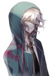 1boy bangs collared_shirt commentary_request danchu_(danchu0628) dangan_ronpa_(series) dangan_ronpa_2:_goodbye_despair grey_eyes grey_hair hair_over_one_eye highres hood hood_up jacket komaeda_nagito male_focus medium_hair messy_hair necktie open_clothes open_jacket parted_lips shirt simple_background smile solo white_background 