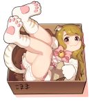  1girl :3 animal_ears bell blonde_hair bloomers box brown_eyes commentary english_commentary gloves idolmaster idolmaster_million_live! idolmaster_million_live!_theater_days in_box in_container jingle_bell kamille_(vcx68) looking_at_viewer miyao_miya paw_gloves paw_shoes paws shoes solo tail underwear 
