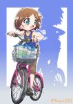  1girl absurdres bag bangs bicycle black_footwear blue_border blue_eyes blue_shirt border brown_hair brown_pants capri_pants casual commentary eyebrows_visible_through_hair girls_und_panzer ground_vehicle highres looking_to_the_side open_mouth pants riding_bicycle sakaguchi_karina sandals shirt short_hair silhouette solo tank_top twitter_username yamakake_(tororo1293) 