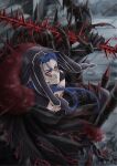  1boy black_pants blood bloody_weapon blue_hair bodypaint cape closed_mouth cu_chulainn_(fate)_(all) cu_chulainn_alter_(fate/grand_order) dark_blue_hair dark_persona detached_hood earrings facepaint fate/grand_order fate_(series) floating_hair fur-trimmed_cape fur_trim gae_bolg_(fate) grin holding holding_polearm holding_weapon hood hood_up jewelry long_hair looking_at_viewer male_focus monster_boy muscular muscular_male pants pectorals polearm ponytail red_eyes sharp_teeth shirtless smile solo spikes spiky_hair tail teeth weapon yanaki_(ynyaan_3) 