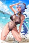  1girl ahoge bangs bare_shoulders beach bell blue_hair blue_sky blush breasts ganyu_(genshin_impact) genshin_impact highres horns kneeling large_breasts long_hair looking_at_viewer ocean one-piece_swimsuit open_mouth pantheon_eve sky smile swimsuit thighs violet_eyes 