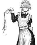  1girl absurdres apron bow braid cup dress expressionless frilled_apron frilled_skirt frills greyscale hair_bow highres holding holding_cup izayoi_sakuya long_sleeves maid maid_apron maid_headdress monochrome sen_(daydream_53) short_hair silver_hair skirt tea touhou twin_braids 