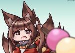  +_+ 1girl amagi-chan_(azur_lane) azur_lane bangs blunt_bangs blurry brown_hair chibi commentary_request dango depth_of_field detached_sleeves drooling eyebrows_visible_through_hair eyes_visible_through_hair eyeshadow food fox_girl gradient gradient_background green_background kyuubi long_hair looking_at_viewer makeup manjuu_(azur_lane) multiple_tails open_mouth petals senhayama_(racoon) sidelocks simple_background solo symbol-shaped_pupils tail thick_eyebrows twintails twitter_username violet_eyes wagashi wide_sleeves 