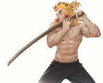  1boy abs black_pants blonde_hair highres holding holding_sword holding_weapon kimetsu_no_yaiba long_hair male_focus morry multicolored_hair muscular muscular_male pants parted_lips ponytail redhead rengoku_kyoujurou scar scar_on_chest shirtless simple_background solo sweat sword thick_eyebrows veins weapon white_background wooden_sword yellow_eyes 