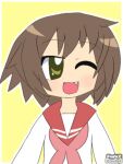  1girl blush brown_eyes brown_hair fang kusakabe_misao lucky_star open_mouth school_uniform serafuku shirt short_hair simple_background solo 