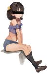  1girl absurdres bangs black_hair black_legwear brown_footwear censored crop_top denim denim_shorts dorontabi frills hair_ribbon highres identity_censor kneehighs midriff navel original ribbon short_shorts shorts simple_background sitting smile solo white_background 