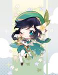  1boy androgynous bangs beret black_hair blue_hair blush bow braid cape chibi closed_mouth collared_cape collared_shirt commentary_request corset eyebrows_visible_through_hair feathers floral_background flower frilled_sleeves frills full_body genshin_impact gradient_hair green_eyes green_headwear green_shorts hair_flower hair_ornament hat highres holding holding_instrument instrument leaf lonely_nine long_sleeves looking_at_viewer lyre male_focus multicolored_hair one_eye_closed pantyhose shirt shoes short_hair_with_long_locks shorts simple_background smile solo symbol_commentary twin_braids venti_(genshin_impact) vision_(genshin_impact) white_flower white_legwear white_shirt 
