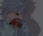  1boy bangs blood bloody_clothes bloody_hands fingernails from_side green_eyes highres hunter_x_hunter killua_zoldyck long_fingernails long_sleeves male_focus shadow silver_hair simple_background solo spiky_hair sweater toripippi_7 upper_body wiping_face 