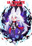  1girl animal_ears bangs black_footwear black_legwear chibi chromatic_aberration clenched_hands fang floating hair_between_eyes highres long_hair mamuru open_mouth original red_eyes skin_fang solo tail thigh-highs v-shaped_eyebrows very_long_hair white_hair 