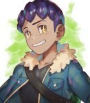  1boy bangs black_shirt blue_jacket clenched_teeth commentary_request dark_skin dark_skinned_male fur-trimmed_jacket fur_trim hop_(pokemon) jacket male_focus pokemon pokemon_(game) pokemon_swsh purple_hair shirt short_hair smile solo suruga_dbh teeth upper_body yellow_eyes 