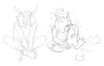  2boys animal apple bandaged_arm bandages flower food fruit gameplay_mechanics genshin_impact greyscale highres hilichurl_(genshin_impact) lizard male_focus mask monochrome multiple_boys r3p4aty_bow sitting sketch sparkle 