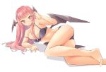  1girl alternate_costume arm_support arnest ass barefoot bat_wings bikini black_bikini blush breasts bright_pupils collarbone foot_out_of_frame full_body hand_in_hair head_wings koakuma large_breasts long_hair looking_at_viewer low_wings lying on_side red_eyes redhead shadow sidelocks simple_background slit_pupils smile solo swimsuit touhou wet white_background white_pupils wings 